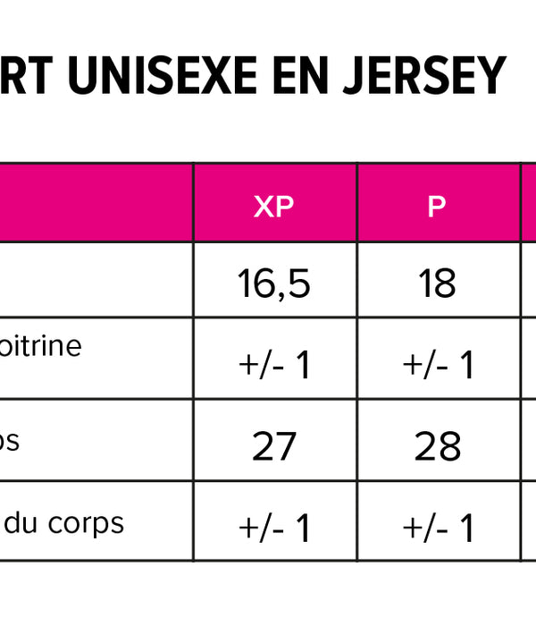 Charte des tailles T-shirt unisexe